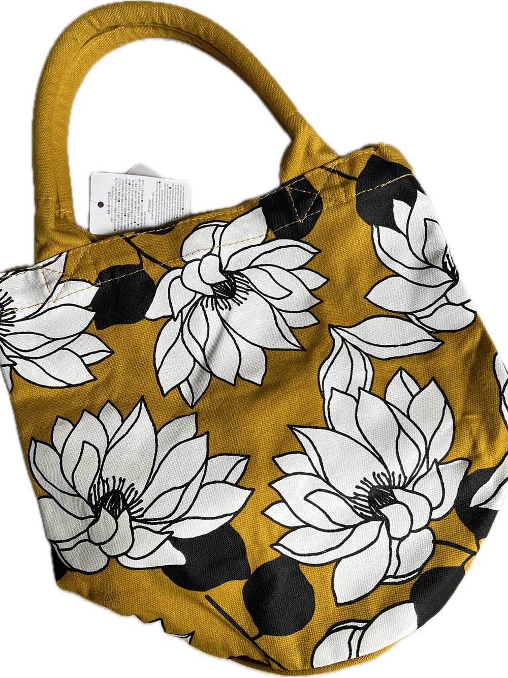 Mustard Floral Canvas Tote Bag with White Bloom Pattern